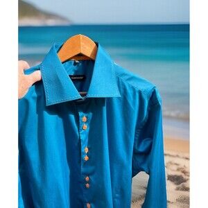 HARDWATER Unique Collar Shirt Turquoise w Orange Buttons LS 100% Cotton Mens XXL